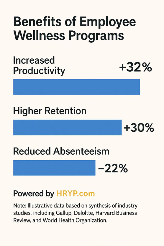 Horizontal bar chart illustrating the benefits of employee wellness programs. Data shows a 32% increase in productivity, 30% higher retention, and 22% reduction in absenteeism. The image includes the HRYP.com logo and a note attributing the data to aggregated industry sources including Gallup, Deloitte, Harvard Business Review, and WHO.