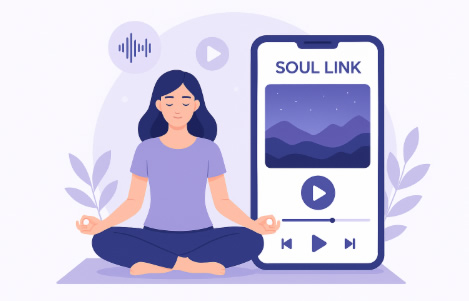Employee using Soul Link meditation app for workplace wellness