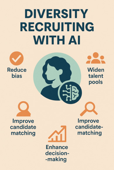 Flat-style infographic titled ‘Diversity Recruiting with AI’ featuring four orange and teal icons around a central avatar: a checkmark for ‘Reduce bias,’ a group for ‘Widen talent pools,’ a magnifying glass for ‘Improve candidate matching,’ and a rising graph for ‘Enhance decision-making