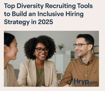 Diverse team discussing inclusive hiring strategy with Hryp.com branding – Top Diversity Recruiting Tools 2025