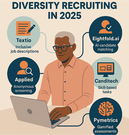 Illustration of a recruiter at a laptop surrounded by four bubbles labeled Textio, Eightfold.ai, Applied, and Pymetrics, showing icons for inclusive job descriptions, AI candidate matching, anonymous screening, and gamified assessments on a beige background