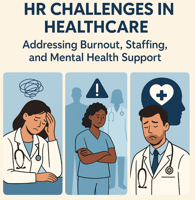 Illustration of HR challenges in healthcare, showing stressed medical professionals to represent burnout, staffing shortages, and the need for mental health support.
