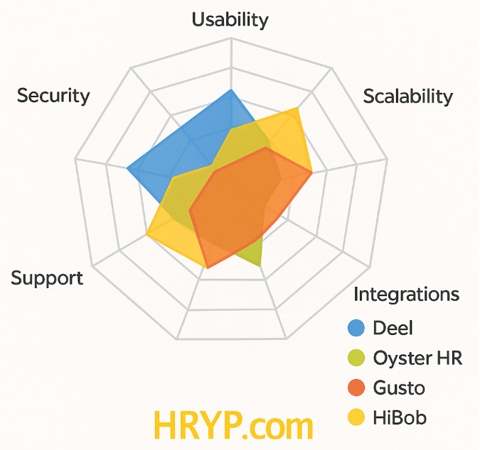 A clean radar chart comparing four HR vendors—Deel (blue), Oyster HR (green), Gusto (orange), and HiBob (yellow)—across five criteria: Usability, Scalability, Integrations, Support, and Security; each vendor’s performance is shown as a translucent colored polygon, with a legend on the right and the yellow HRYP.com logo below.