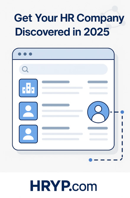 Illustration of a directory-style web interface representing HRYP.com, promoting HR company visibility in 2025 with icons and profiles, and the message 'Get Your HR Company Discovered in 2025'