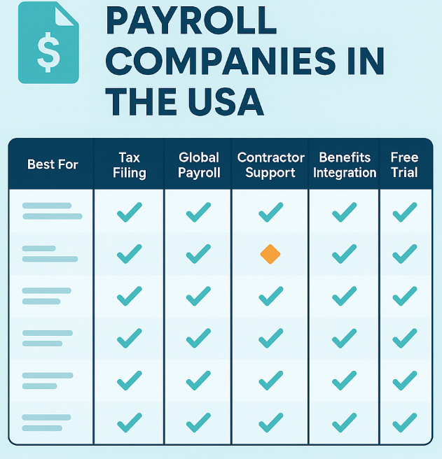 tylized chart of payroll service features in the USA with check icons and HRYP.com branding