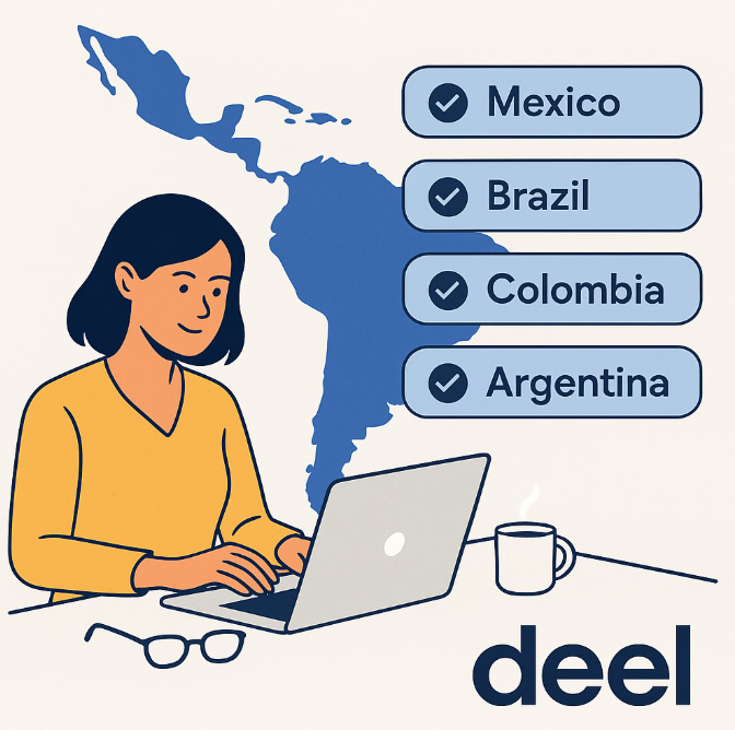 Illustration of a remote worker at a laptop with a blue map of Latin America behind her and a checklist of countries: Mexico, Brazil, Colombia, and Argentina. A coffee mug, glasses, and the Deel logo emphasize remote team management and EOR services in LATAM.