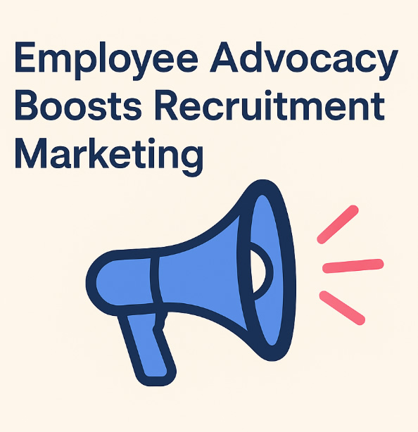 Illustration of a blue megaphone with pink sound waves next to the headline ‘Employee Advocacy Boosts Recruitment Marketing’ on a beige background