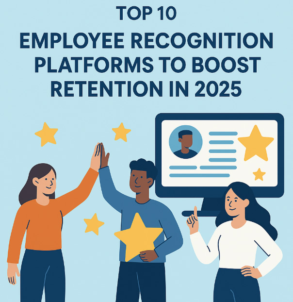 Illustration of diverse employees celebrating recognition in a digital workspace, with stars and a virtual profile interface, symbolizing top employee recognition platforms to boost retention in 2025.