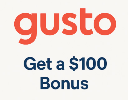 Promotional graphic featuring the HRYP logo, Gusto logo, and the message 'Get a $100 Bonus' in bold text on a clean white background.