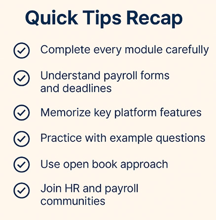 Checklist of tips to pass the Gusto payroll certification quiz, including completing all modules, understanding tax forms, and using open book approach.