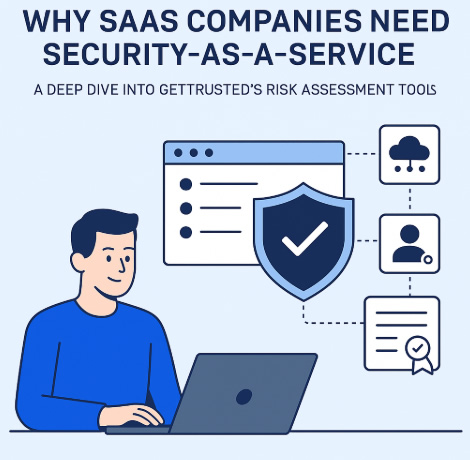 Flat-style infographic showing a SaaS professional using a laptop, surrounded by shield icons, cloud, and vendor-related symbols. Illustrates the concept of Security-as-a-Service and GetTrusted’s vendor risk assessment tools.