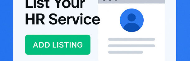 Call-to-action graphic inviting HR companies to list their services on HRYP.com with a green 'Add Listing' button and browser window icon on a blue background
