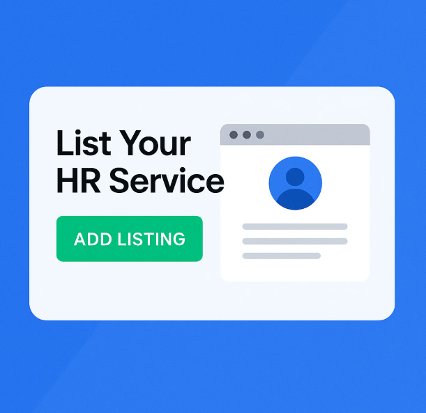 Call-to-action graphic inviting HR companies to list their services on HRYP.com with a green 'Add Listing' button and browser window icon on a blue background