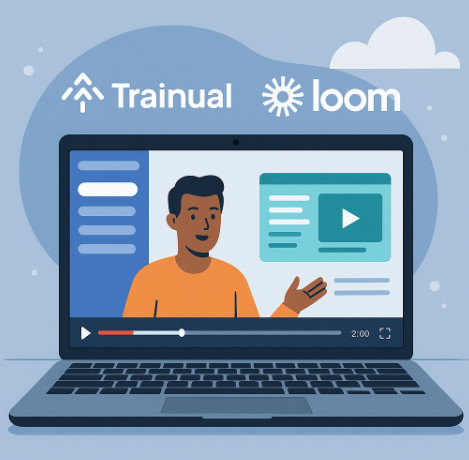 Illustration of a laptop screen displaying a video tutorial interface that integrates Trainual and Loom, with a progress bar, menu sidebar, and a presenter explaining steps