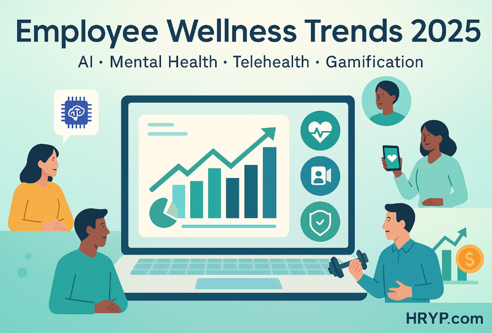 Employee Wellness Trends 2025: diverse employees around a laptop dashboard with rising charts and icons for AI, mental health, telehealth, and gamification — HRYP.com.