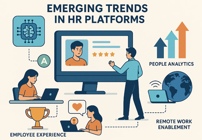 Flat-style digital illustration showing emerging trends in HR platforms, featuring icons for AI recruitment, people analytics, employee experience, and remote work enablement, arranged around a central scene of people using laptops and a large monitor, with a clean beige background.