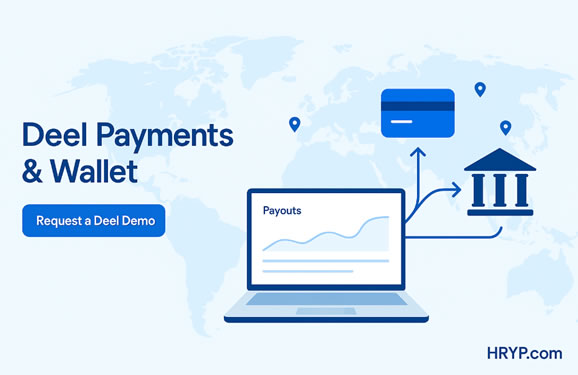 Deel Payments & Wallet illustration: laptop payouts dashboard with card and bank icons over a world map.