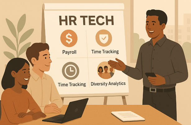 Team discussing HR software strategy around a flipchart showing Payroll, Time Tracking, Benefits, and Diversity Analytics icons.