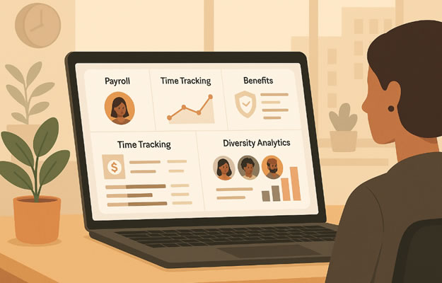 HR manager viewing a unified HCM dashboard with Payroll, Time Tracking, Benefits, and Diversity Analytics on a laptop in a modern office.