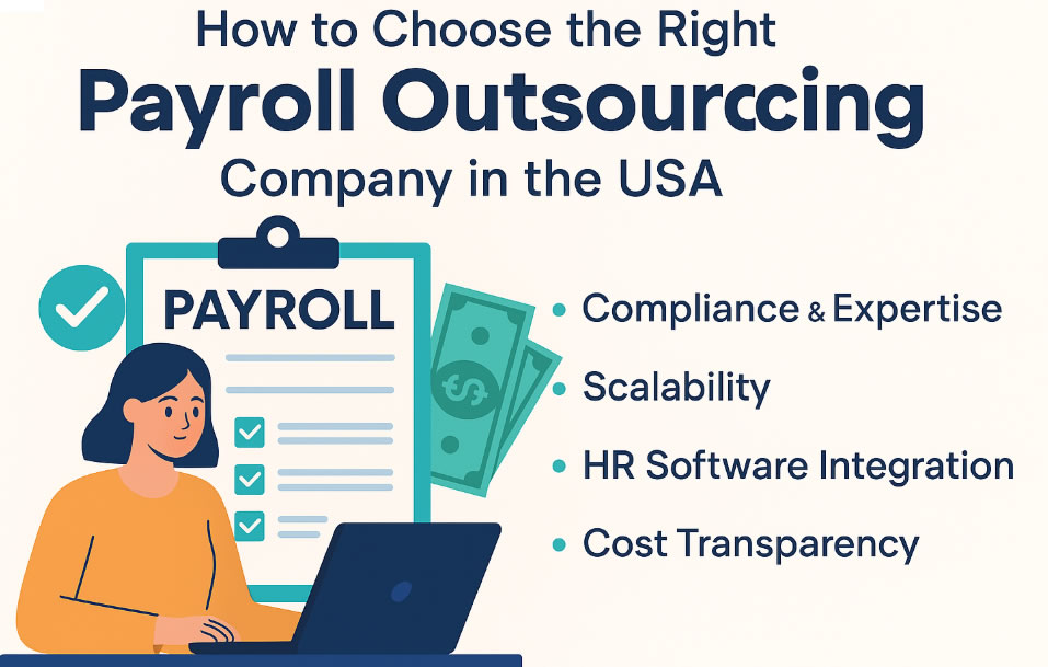 Illustration showing payroll outsourcing in the USA with icons of compliance, scalability, HR software integration, and cost transparency.