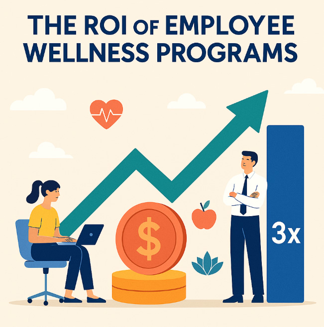 Illustration titled “The ROI of Employee Wellness Programs” showing a green upward arrow and 3x growth bar, with a female employee working on a laptop and a male employee standing confidently, surrounded by wellness icons like a heart, apple, and lotus leaf.