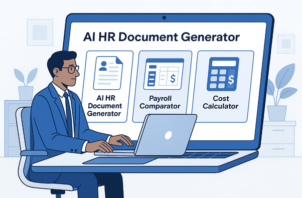 HR manager using AI-powered HR tools — including Document Generator, Payroll Comparator, and Cost Calculator — on a laptop in a modern office, illustrating automation and efficiency in HR processes.