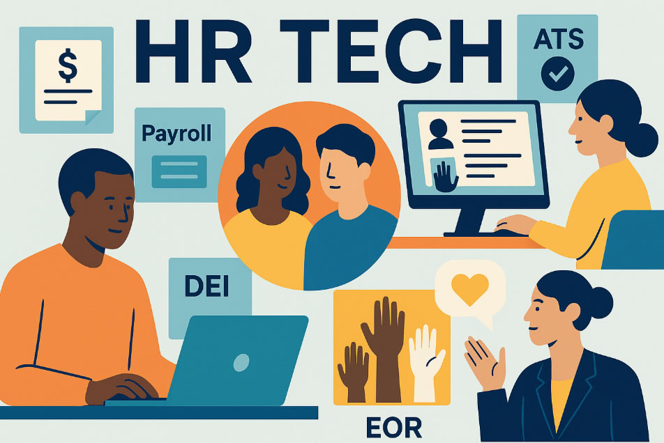 Flat vector illustration of diverse HR professionals using technology dashboards labeled Payroll, DEI, EOR, and ATS, representing modern HR Tech integration and employee engagement in 2025