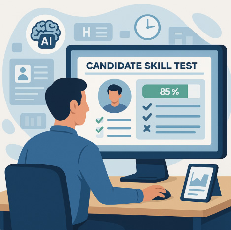 Recruiter reviewing AI-generated candidate skill test results on a modern HR dashboard