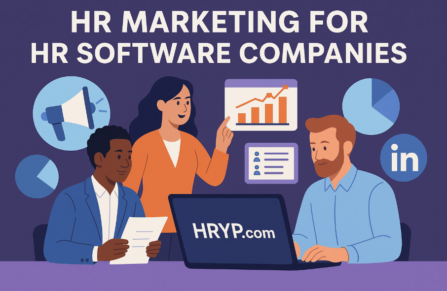 Illustration of a diverse HR marketing team reviewing HRYP.com on a laptop, with charts, megaphone and LinkedIn icons representing HR marketing strategies for HR software companies