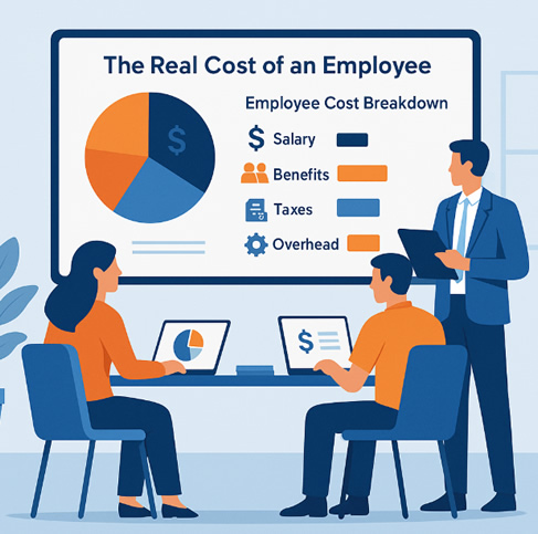 HR team and finance manager reviewing the real cost of an employee on a cost calculator dashboard